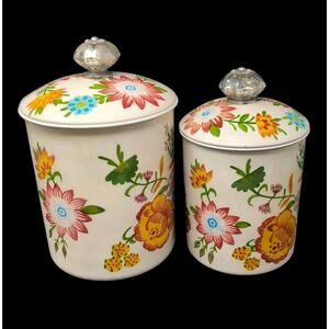 VTG Pier 1 Imports Enamel on Metal Canister Set of 2 Lexie Floral Pattern India